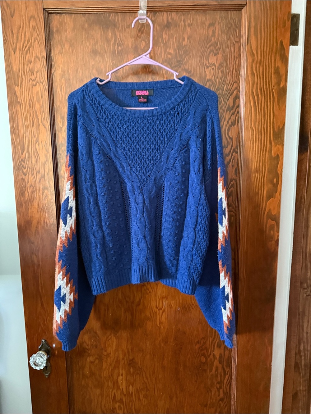 Rock&Roll Denim Blue Cable-Knit Sweater with Aztec Sleeve Detail